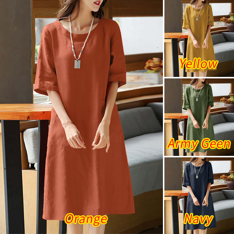 ZANZEA Women Daily Casual Retro Half Sleeves Solid O-Neck With Pockets Mid Length Dress