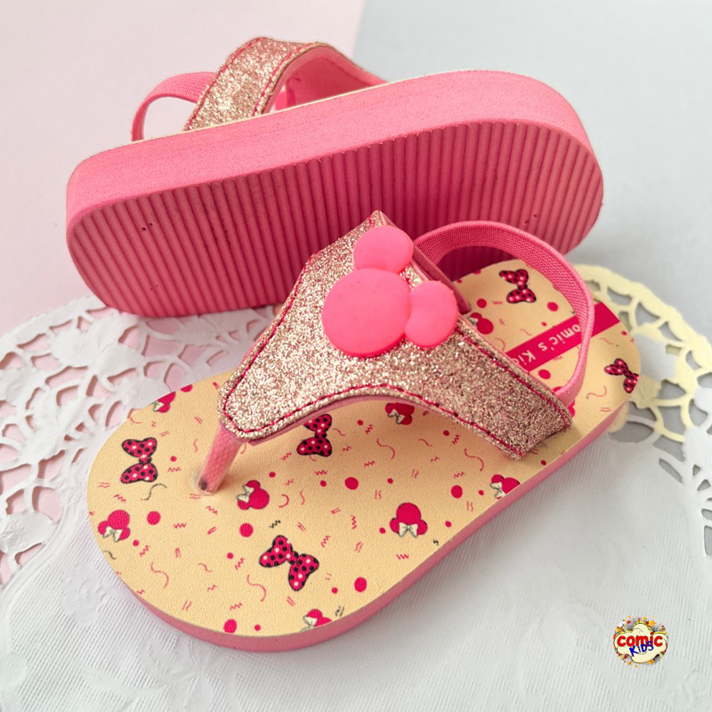 Sandal Jepit Anak Perempuan Comickids Sepatu Sendal Bayi Cewek Selop Slop Baby Girl Flip Flop Pink Slippers Minnie Mouse Glitter