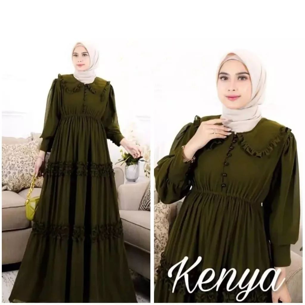 KENYA Long Dress Gamis Wanita Muslim Dewasa Bahan Katun Crinkle Detail Renda Cantik Bahan Ceruty Bab