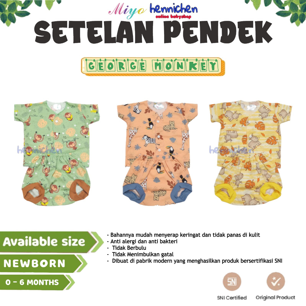 SETELAN PENDEK MIYO NEW BORN PRINT GEORGE MONKEY / SQUIRREL ( 0-3 M )/ (3-6m) SNI