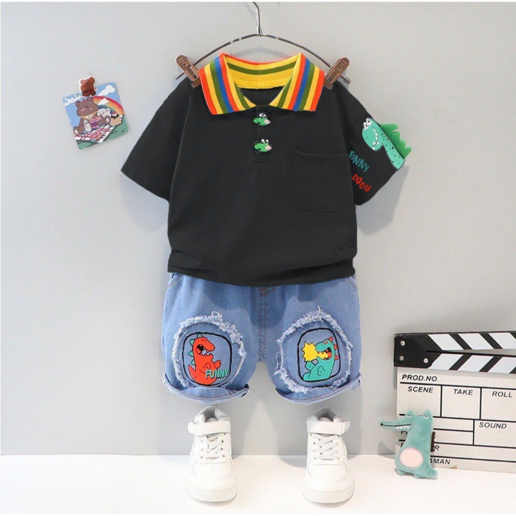 SETELAN BAJU KAOS KERAH POLO DAN CELANA JEANS PENDEK ANAK LAKI LAKI IMPORT USIA 1-5 TAHUN MOTIF DINO FUNYY DENIM/ OUTFID PAKAIAN FASHION BAYI KEKINIAN
