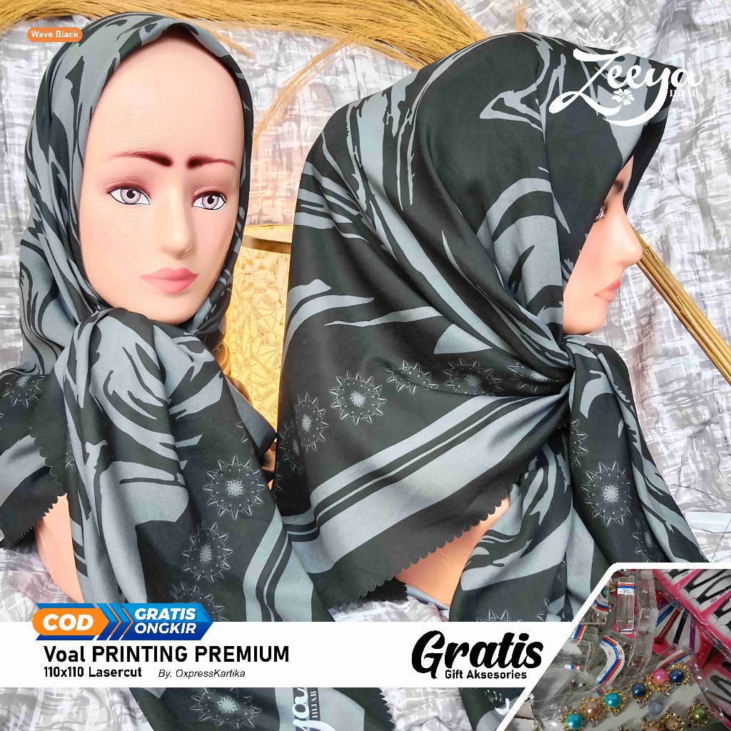 Kerudung VOAL hijab wanita fullprinting premium lasercut Gratis peniti hijab bross dll gambar realpict/Zeeyahijab