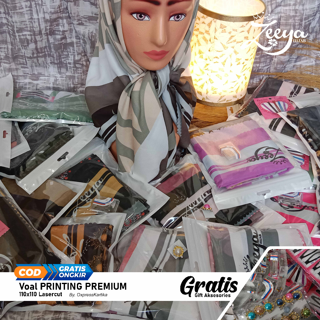 Kerudung VOAL hijab wanita fullprinting premium lasercut Gratis peniti hijab bross dll gambar realpict/Zeeyahijab