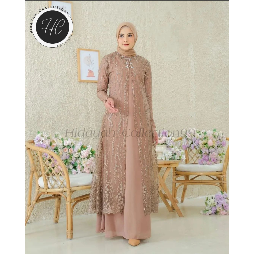 Gamis Kondangan Terbaru 2023 mewah Kekinian INDIRA Dress Gamis Pesta Aplikasi Brokat Bahan Ceruty Babydoll Import Fullpuring Dress Gamis Kodangan Trend Baju Brokat Mewah Warna Mint Sage