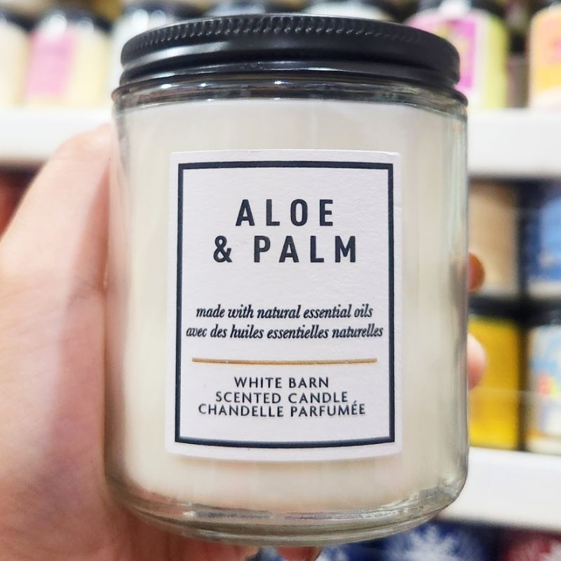 BATH &amp; BODY WORKS BBW ALOE &amp; PALM MADE WITH ESSENTIAL OILS WHITE BARN 1 SINGLE WICK SCENTED CANDLE 198 G PENGHARUM RUANGAN