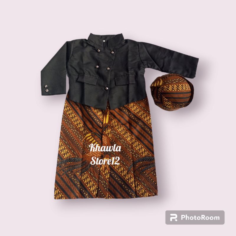 Setelan Beskap Premium Anak Laki/Baju Adat Anak/Motif Batik Coklat(Blangkon Solo)
