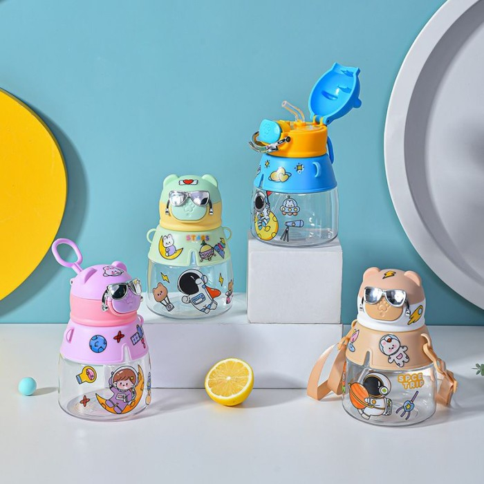Botol Minum Plastik Anak Transparan Beruang Kacamata 550ml botol minum sedotan anak
