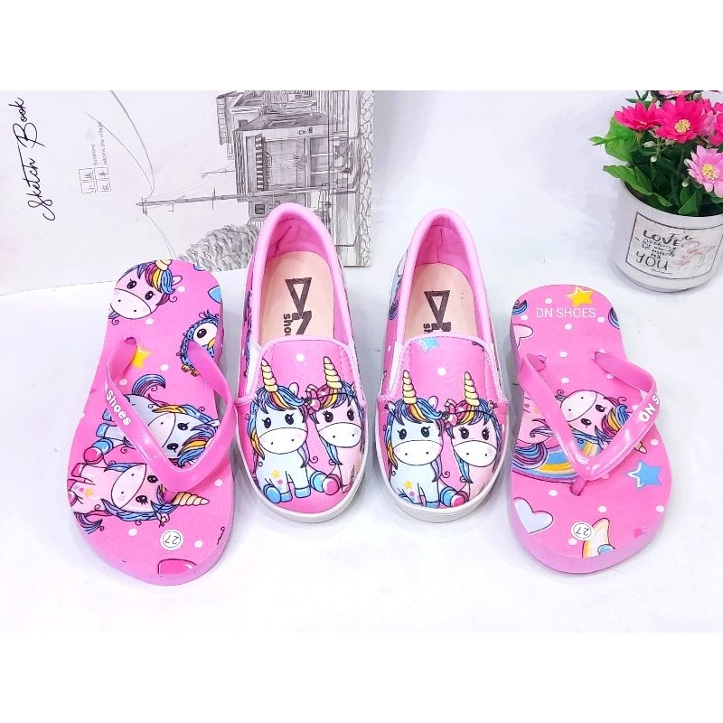 Sepatu Anak Perempuan Paket Sepatu dan Sandal Jepit Anak Perempuan Paket Slip On dan Sandal Flat Anak Murah Lucu Karakter Unicorn Pink