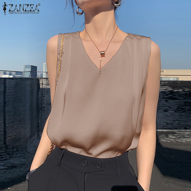 ZANZEA Women Fashion Satin V Neck Sleeveless Pleated Trim OL Blouse