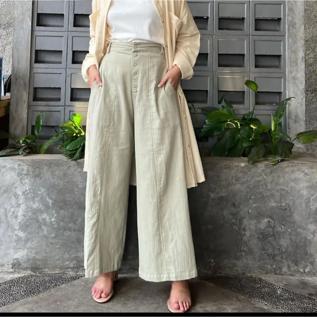 ICH - Valinna Celana Kulot Highwaits Kancing Linen Crinkle Premium