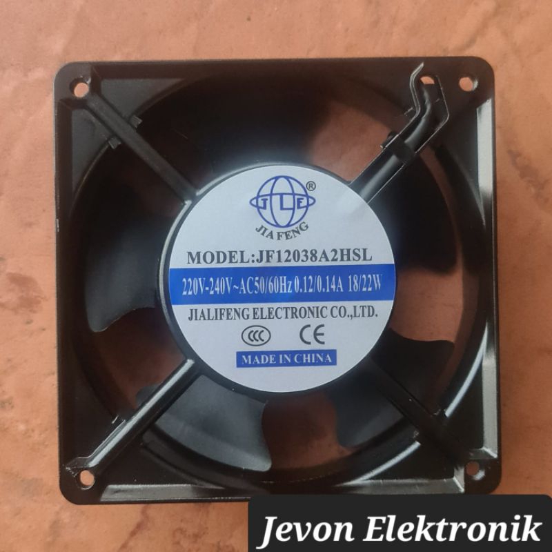 Kipas AC Cooling Fan 220 240 V Volt 12x12 cm Jiafeng JF12038A2HSL 50/60Hz 0.12/0.14 A Ampere 18/22 W Watt Made In China Jialifeng 220v 240v 50Hz 60Hz 0.12A 0.14A 18W 22W