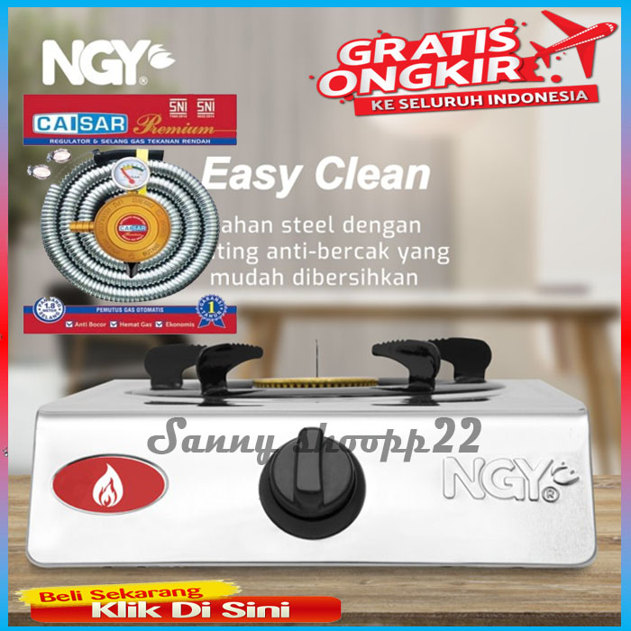 KOMPOR 1 TUNGKU PAKET NAGOYA STAINLESS NGY - 44 GS + SELANG REGULATOR burner api biru NTAPS