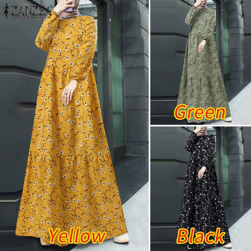 ZANZEA Women Elegant  Fashion Crew Neck Layered  Bohemian Floral Print Maxi Muslim  Sundress