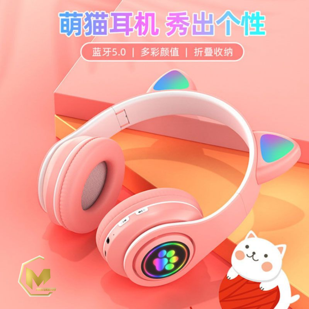Hf bando headphone B39 STN28 Kucing Karakter LED Color Headset Gaming Bluetooth Wireless Game Headset Cat Ear LED Bando anak Perempuan Cewek Wanita Headset Led RGB Headset Komputer Headphone Laptop MA025