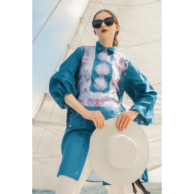 Aquarielle Puffy Tunic By Benang Jarum - Ocean XS S M L XL XXL  buttonscarves series voal frozen dre