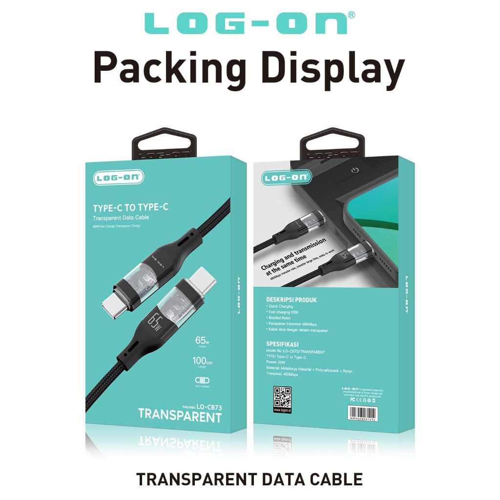 LOG-ON KABEL DATA C TO C DAN C TO IPHONE FULL IC TRANSPARENT LO-CB73 65W 30W MAX 1METER ORIGINAL SUPPORT IPHONE DAN ANDROID BY.SULTAN