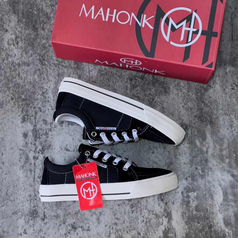 MAHONK - Sepatu Sneakers Low Black White Sepatu Pria Wanita