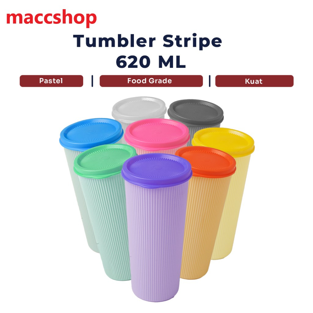 TANAKA TUMBLER GELAS TUTUP PLASTIK STRIPE 620ML - PASTEL MACARON