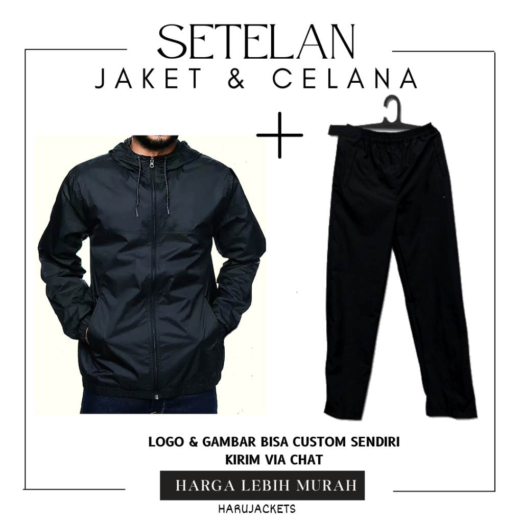 Setelan Jaket Celana Dewasa Hitam Unisex | Setelan Jaket dan Celana Training Bahan Parasut Wf | Set 