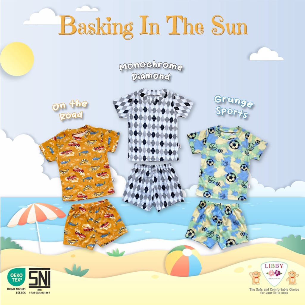 Libby 3 Setelan Baju Bayi Pendek Oblong Celana Pendek Happy Farm / Garden By The Joy / Play Ground Oblong Tipis Rib Cotton Baju Anak