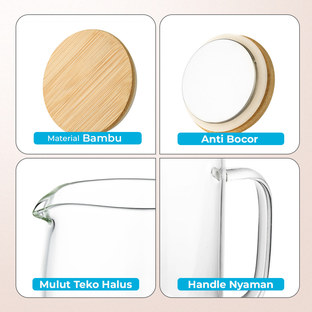 [PROMO] Teko Teh Estetik / Teko Serbaguna / Teko Kaca Estetik / Teko Kaca Estetik Korea / Teko Kaca Teh Pitcher Borosilicate Glass 1.38L / Teapot kaca / teko teh kaca tutup kayu / Teapot Teko Teh air panas kaca dengan tutup kayu anti panas High Borosilica