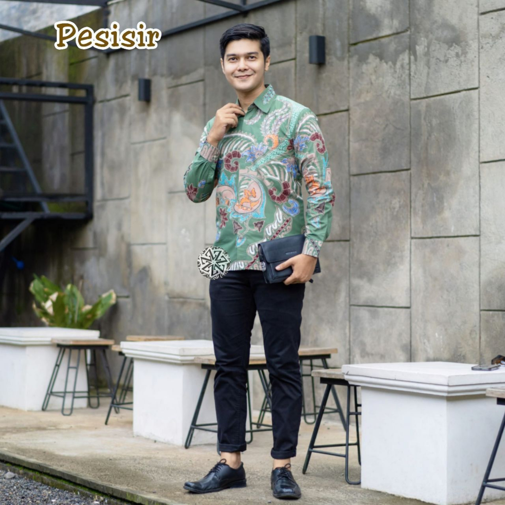 Kemeja Batik Tulis Pria Berlapis Furing Trikot Lengan Panjang Handmade motif pesisir hijau