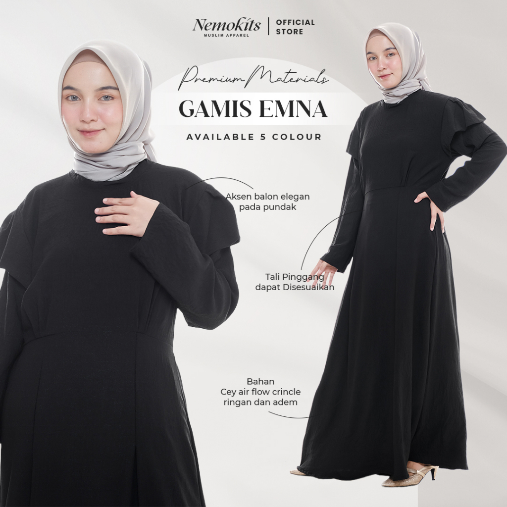 Emna Gamis Polos Pundak Balon Bahan Crinkle Maxi Dress Pakaian Muslim Wanita Warna Hitam All Size