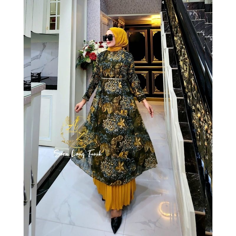 SORA LONG TUNIK VOLUME LIMA ORIGINAL SETELAN ATAS BAWAH FULL CERUTY PRINTING MOTIF HQ LEMBUT JATUH T