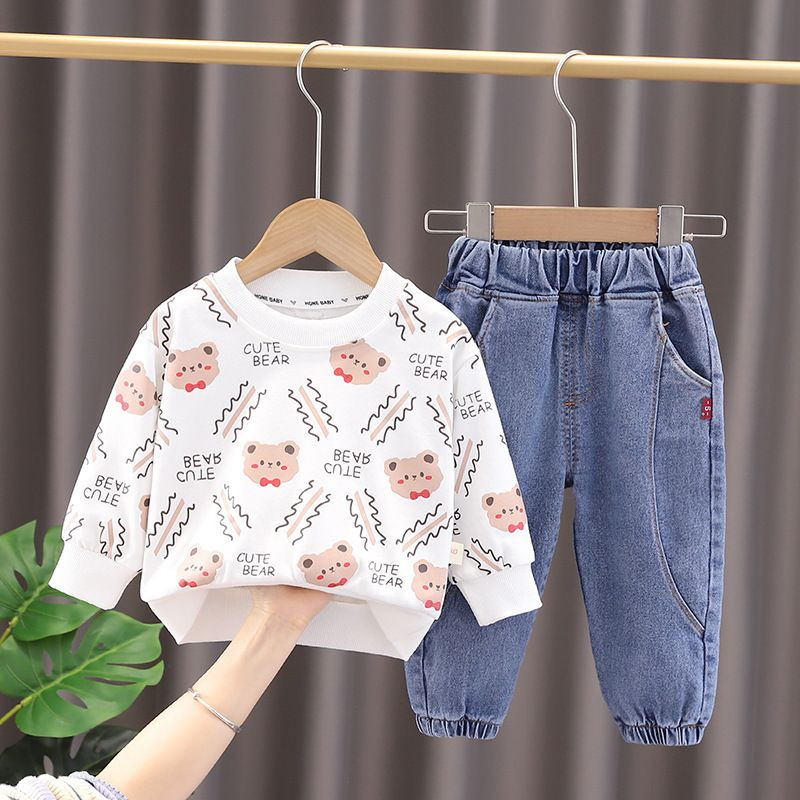 baju setelan anak lakilaki lengan panajng import motif bear white usia 6 bulan - 5 tahun