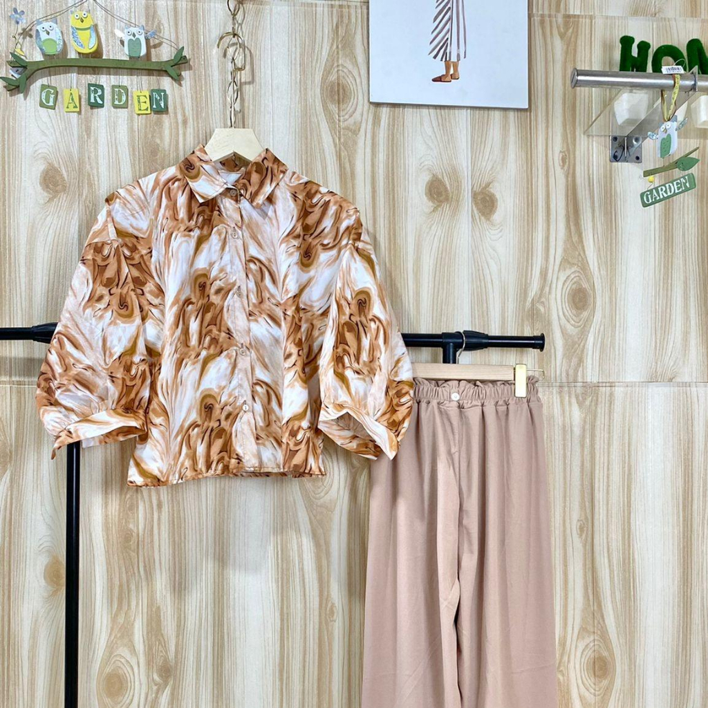 One Set Carlotta Marble Puffy / Setelan Wanita Kekinian Atasan+Celana