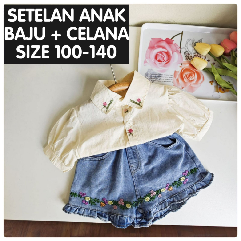 (LOLI-JKT) BS- 467 SETELAN ANAK CEWEK JEANS BUNGA KERAH 100-140