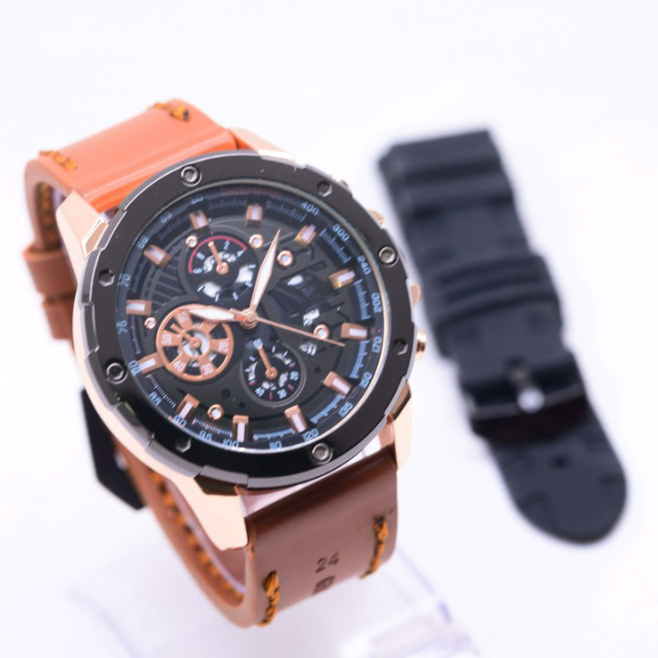 JAM TANGAN PRIA FASHION HB006 CHRONO VARIASI TALI KULIT FREE TALI RUBBER TANGGAL AKTIF