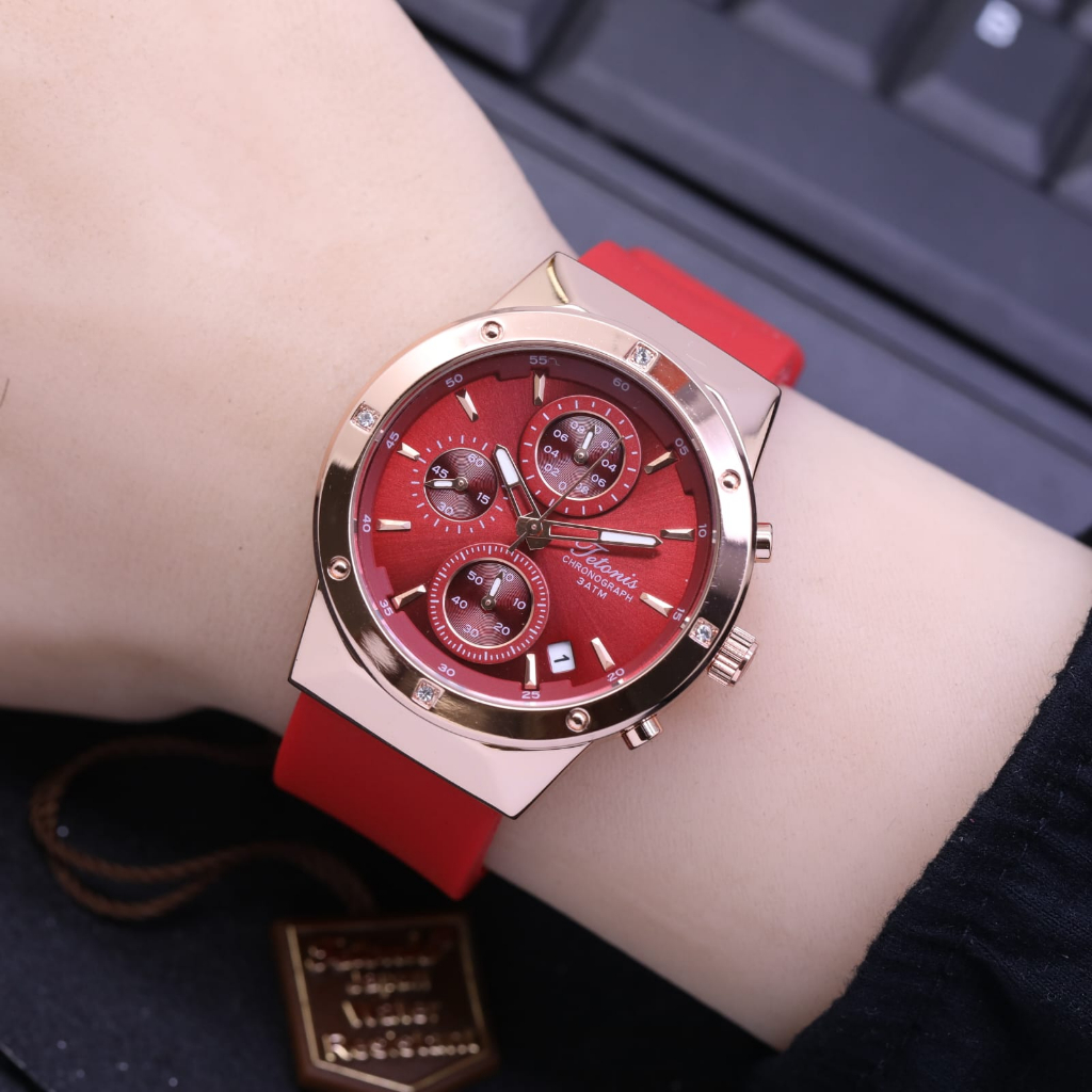 JAM TANGAN WANITA TETONIS LS031 CHRONO AKTIF TALI RUBBER TANGGAL AKTIF