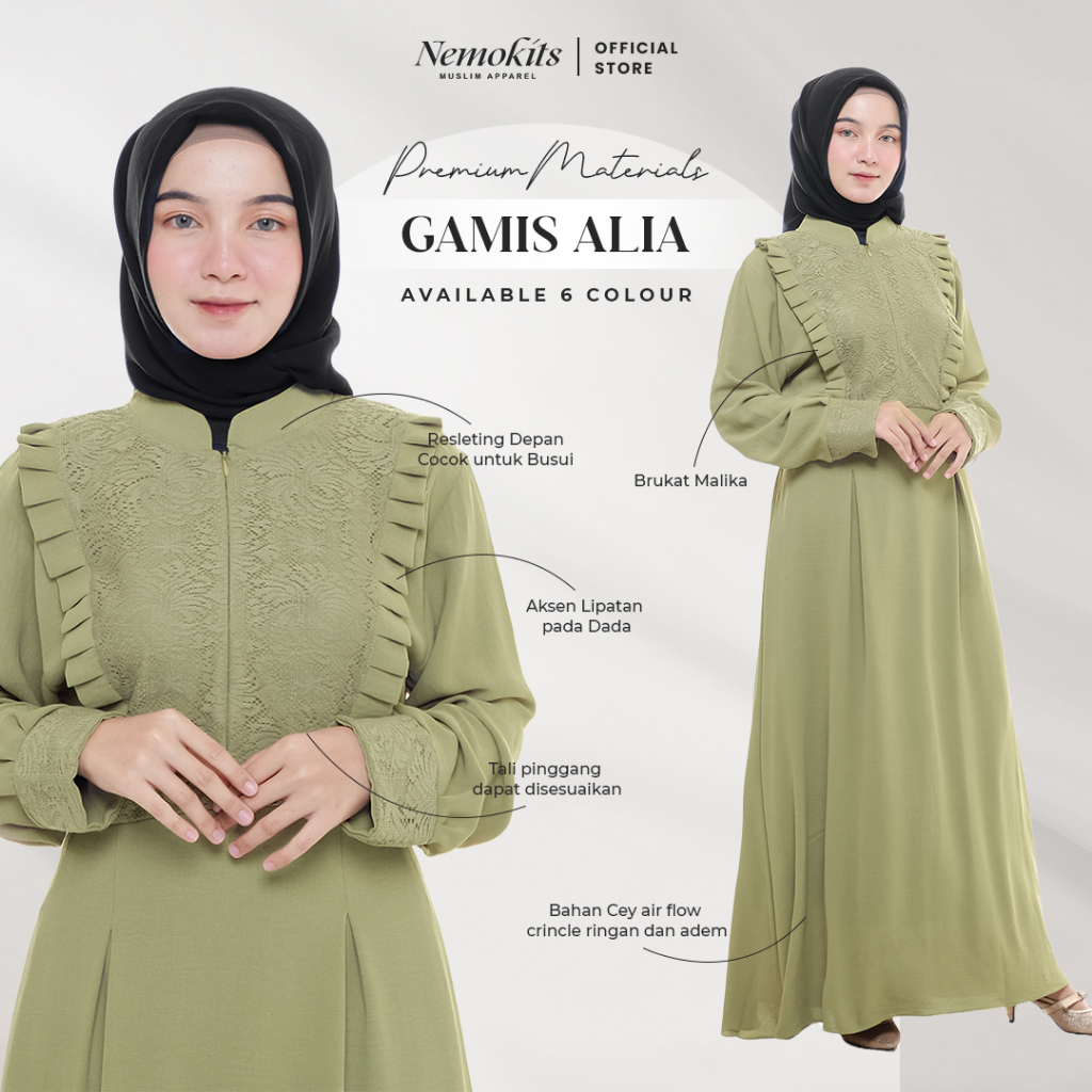 NEMOKITS Gamis Alia - Gamis Busui Friendly Variasi Brukat Malika Maxi Dress Pakaian Muslim Wanita Wa