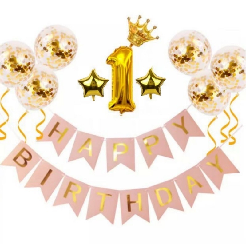 Paket Set simple banner confetti crown Balon Happy birthday dekorasi ulang tahun