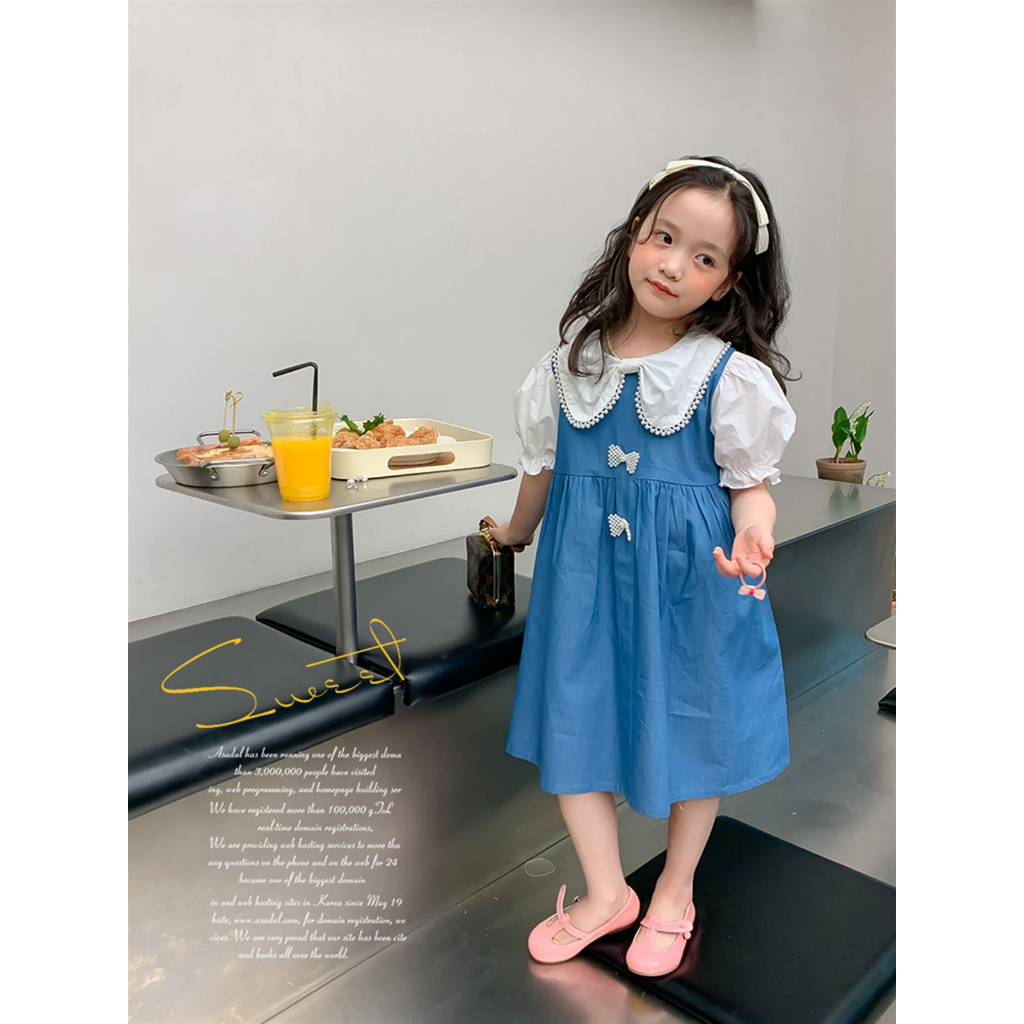 Dress Anak Perempuan Biru Dress anak perempuan Korea fashion ribbon import