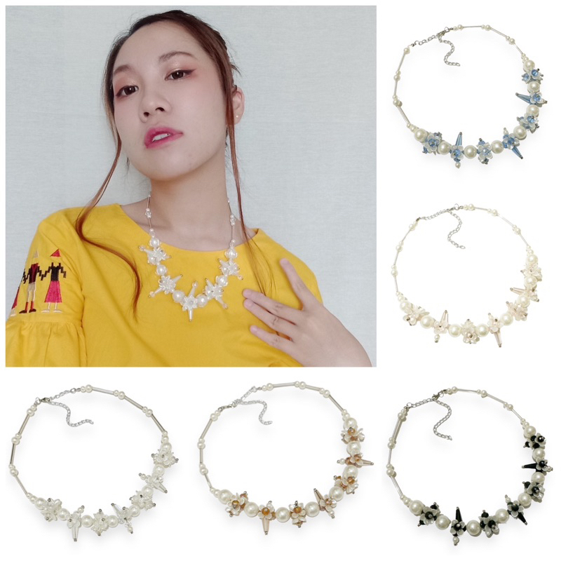 Ginela Crystal Pearl Flowery Necklace Kalung Bunga Kristal Mutiara Korea Hijab Friendly Kalung Panjang