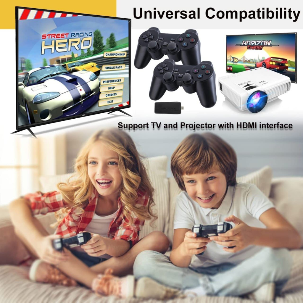 Konsol Video Game 2.4G, Pengontrol nirkabel ganda 4K 10000 + Game 64GB Game Retro