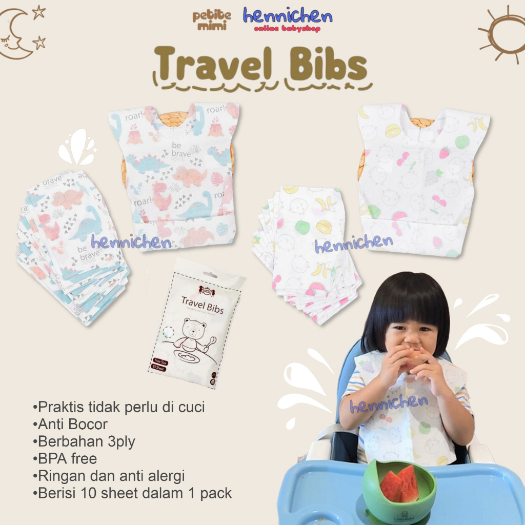 PETITE MIMI TRAVEL BIBS CELEMEK ANAK BAYI TATAKAN MAKAN ANAK BAYI SEKALI PAKAI BAHAN WATERPROOF