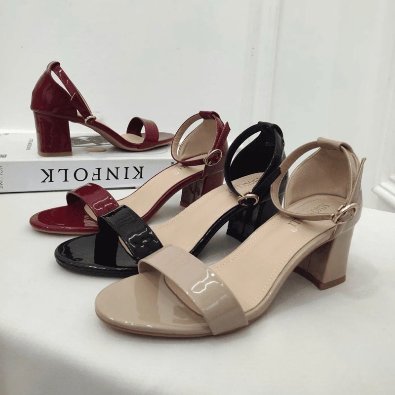 Glossy chunky heels 5cm ankle strap by Simoncelli import high quality fashion shoes sandal wanita tu