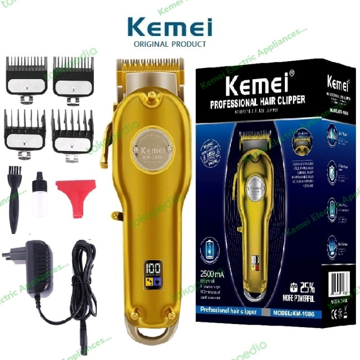 Mesin Cukur Rambut Kemei 1986 GOLD Hair Clipper Electric LCD KM-1986