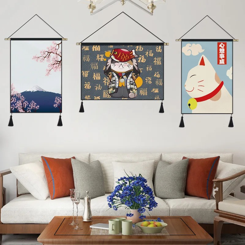 Maneki Neko poster gantung gaya Jepang Kakemono dekorasi rumah ruang tamu latar belakang lukisan seni dinding permadani Anime