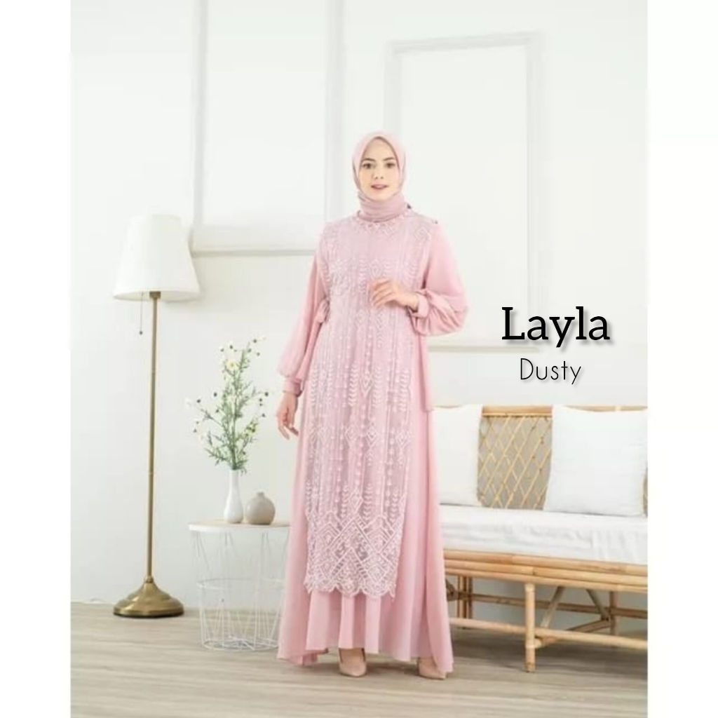 Gamis Dress Brukat Terbaru Layla Dress Bahan Ceruty Mix Brukat Variasi Payet Mutiara Inner &amp; Outher Terpisah Zipper Depan Fashion Muslim Wanita Gamis Kondangan