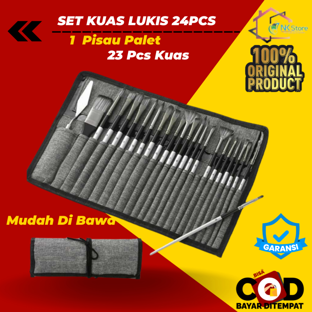 24PCS Set Kuas Lukis Melukis Cat Air Minyak Nylon Paint Brush 24 PCS Lengkap