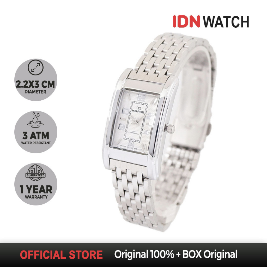 Jam Tangan Mirage Analog Wanita Model Petak Klasik Silver 7396 L Original Anti Karat