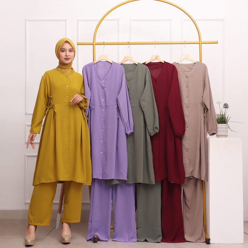 SETCEL CRINKLE LONG TUNIK DRESS FULL KANCING BUSUI FRIENDLY IKAT SAMPING LOVIA MURAH POLOS GROSIR