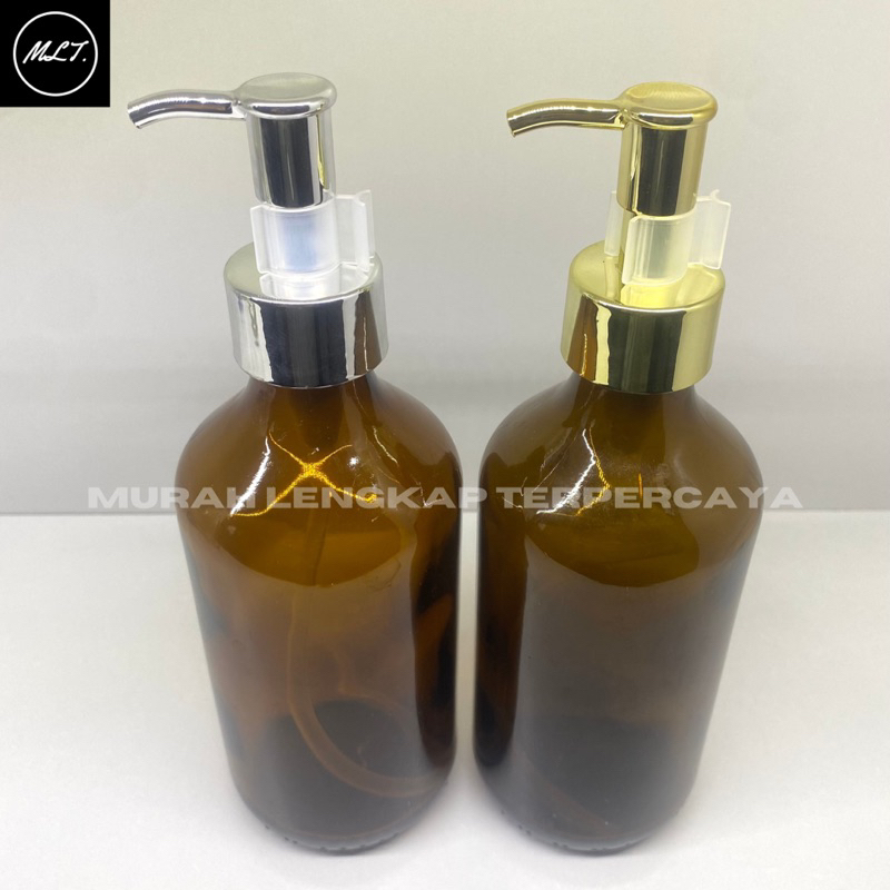 BOTOL KACA 300ML AMBER COKLAT TUTUP PUMP CLIP OIL GOLD SILVER 300 ML