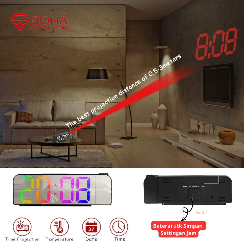 JD-8013 Jam Digital Proyektor Warna Rainbow Jam Meja LED Smart Alarm Design Simple dan Elegant Fitur Snooze Ada Suhu &amp; Kalender