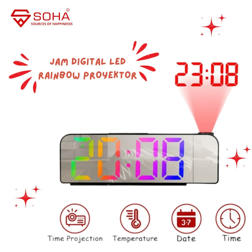 JD-8013 Jam Digital Proyektor Warna Rainbow Jam Meja LED Smart Alarm Design Simple dan Elegant Fitur Snooze Ada Suhu &amp; Kalender