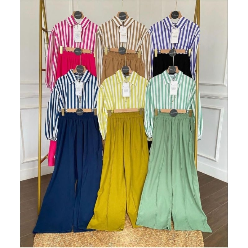 Setelan salur katun adem celana kulot linen
